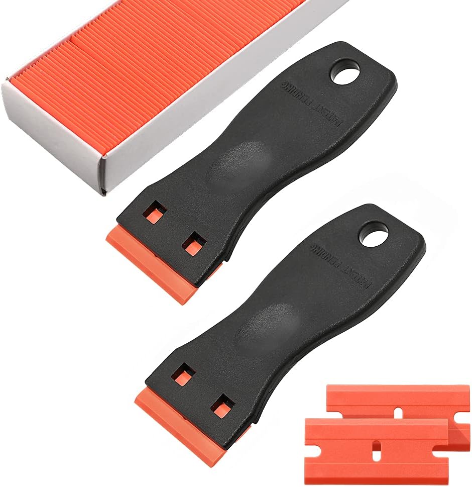 Sticker Scraper Tool Set include 120 Pcs 1.5 Inch Plastic Scraper Blades + 2 Pcs Plastic Razor Blade Scraper for Auto Vinyl Wrap Window Tint Glass Cleaning Adhesive Glue Paint Remove Plastic Scraper