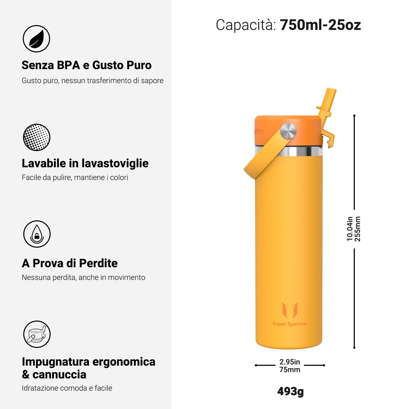 Super Sparrow Borraccia Termica - 500ml/750ml/1L/1.2L - SwivelSip Bottiglia Acciaio Inox - Senza BPA Borracce Termiche, Borraccia con Cannuccia Ergonomica per Scuola, Sportiva, Campeggio, Palestra