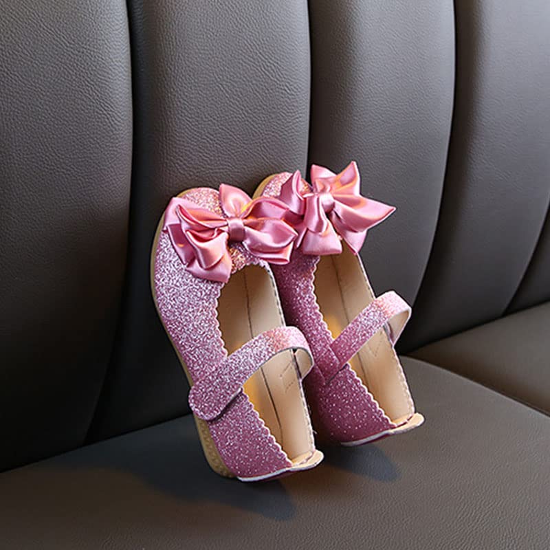 Ejoyous Girls Dress Shoes Wedding Party, 1 Pair Kids Glitter Bow Decor Dress Shoe Children Girl Synthetic Leather Flat Shoes for Toddler Kids () Pink