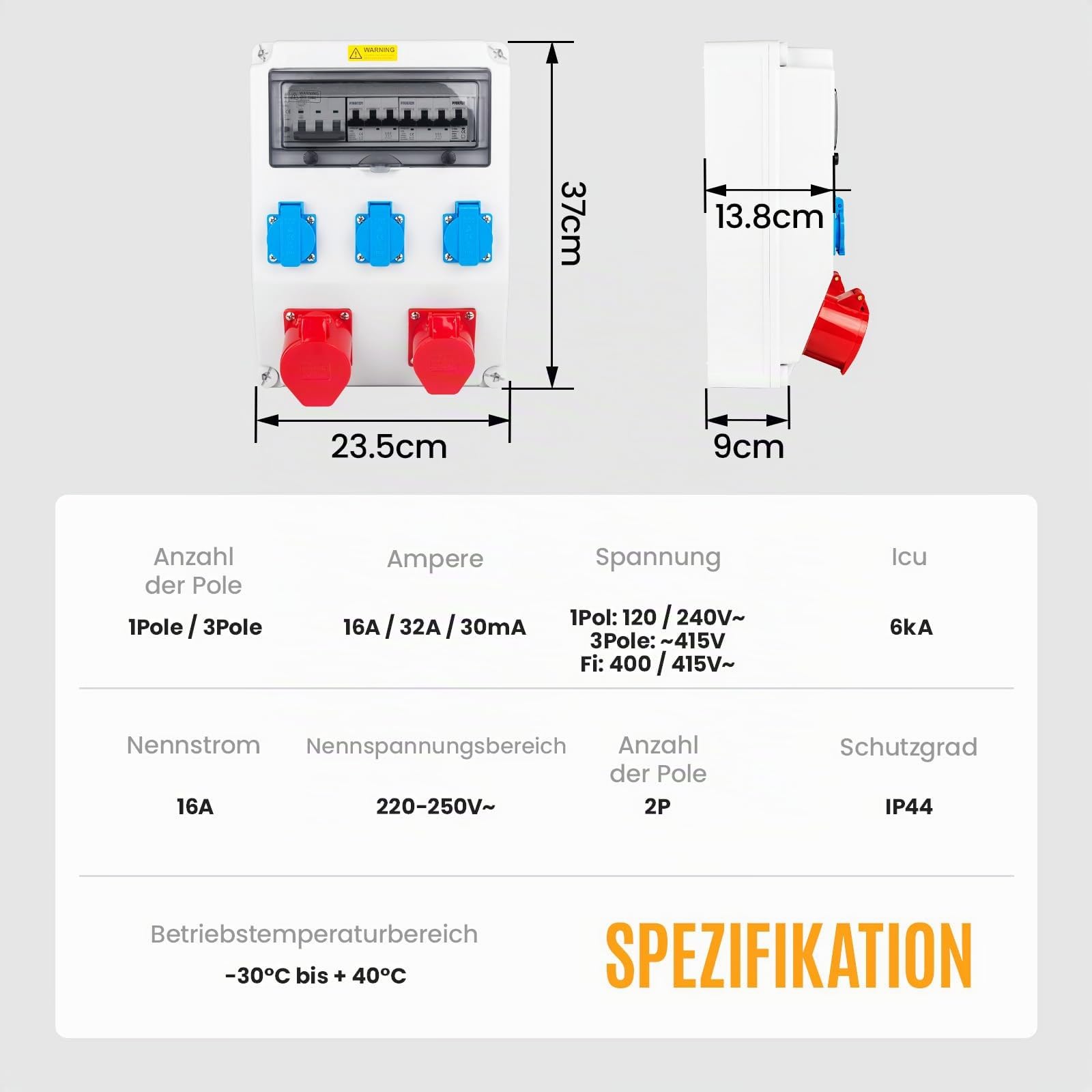 Industrieverteiler für Baustellen FI/LS Schutzsystem IP65 Gehäuse mit Steckdosen IP44 für Baustellen Industrie (1X32A 3X16A 1X40A LS+FI)