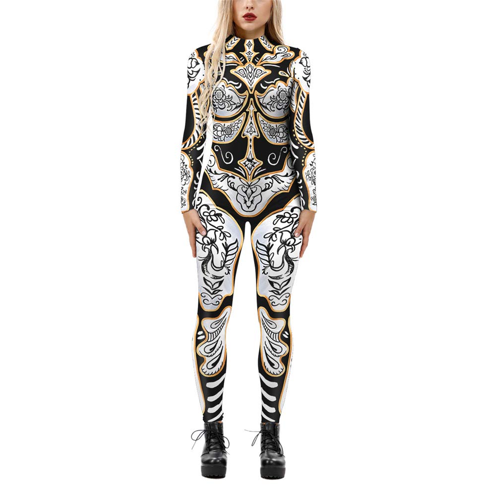Surwin Women's White Halloween ?S Catsuit Outfits 3D Floral Skull Printed Long Sleeve Skinny Stretch Fancy Dress Up Cosplay Adults Jumpsuit Bodysuit (,Xl)