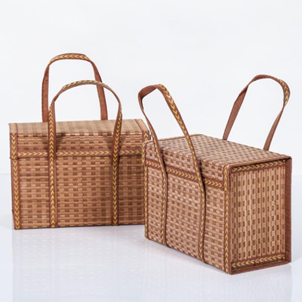 HEMOTON African Market Basket Woven Straw Picnic Basket with Handle Lid Rattan Grocery Bag Shopping Bag Flower Arrangement Holder Pot for Decorations Outdoor Egg Holder Baskets for Organizing