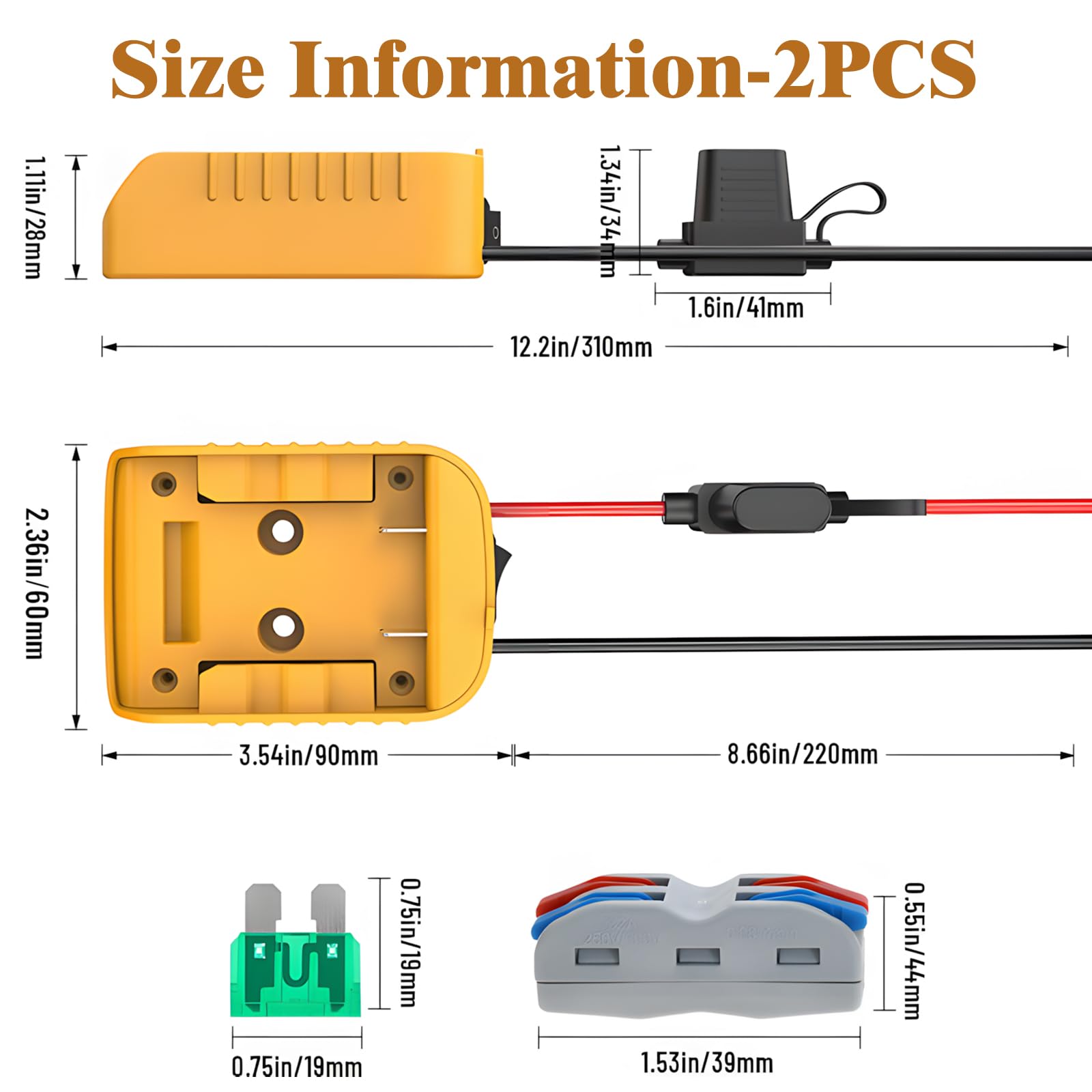 Lot de 2 adaptateurs Power Wheel pour batterie Li-ion Dewalt 18 V/20 V avec fusible et commutateurs, connecteur CC, câble 12 AWG, connecteur d'alimentation Dock pour voiture, robotique, bricolage