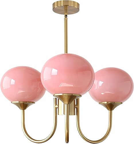 BOKT Candelabro Sputnik moderno de color rosa cepillado con globo dorado Sputnik, 3 luces colgantes de cristal de mediados de siglo, altura