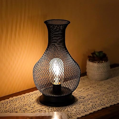 Miniatura 3 de TRIROCKS Lámpara de metal a pilas de 11 pulgadas de alto, con forma de jarrón de malla, inalámbrica, lámpara decorativa con bombilla LED Edison,