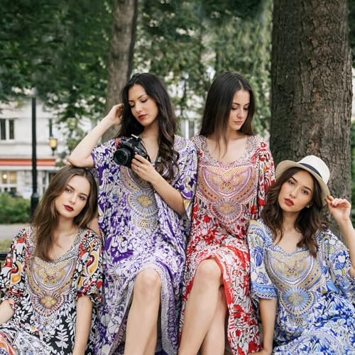 Image of Miss Lavish London Kaftan Dresses for Women Plus Size Long Batwing Sleeve Caftans, V Neck Moo Moo Printed Beach Cover Up Maxi Beach Dress, Bathing Suit Cover-Up Loungewear