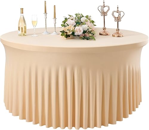 gogoparti Manteles redondos de elastano color champán de 108 pulgadas ajustados para mesa de 48 pulgadas, manteles redondos elásticos de 4 pies, disponible en Yaxa Peru