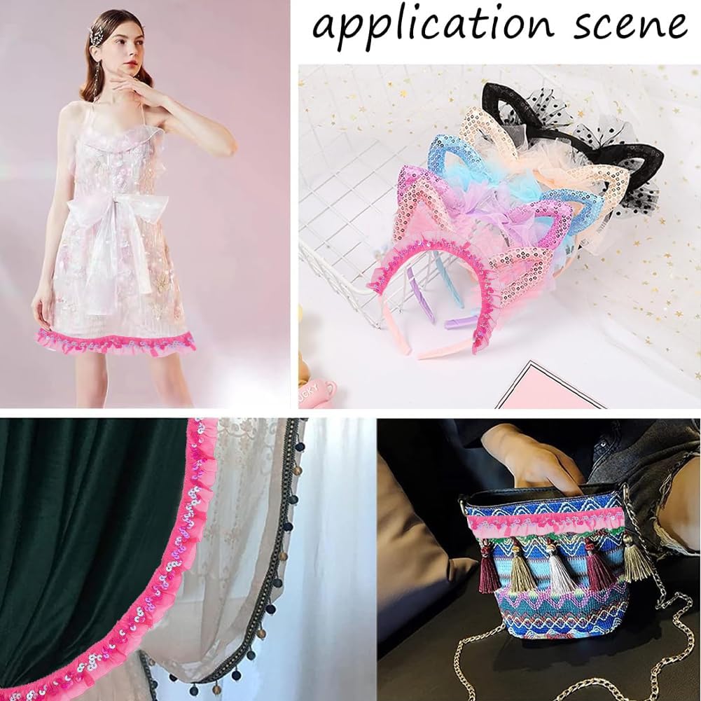 GORGECRAFT 11m 3cm Elastic Organza Fabric Ribbon Sequin Chiffon Lace Edge Trim Hot Pink Gathered Ruffle Pleated Mesh Stretch Fringe Trimming for Sewing Gift Package Wrapping Cloth Craft