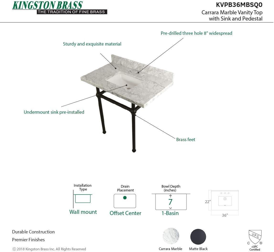 Kingston Brass KVPB36MBSQ0 Templeton 36" x 22" Carrara Marble Vanity Top with Brass Console Legs, Carrara Marble/Matte Black