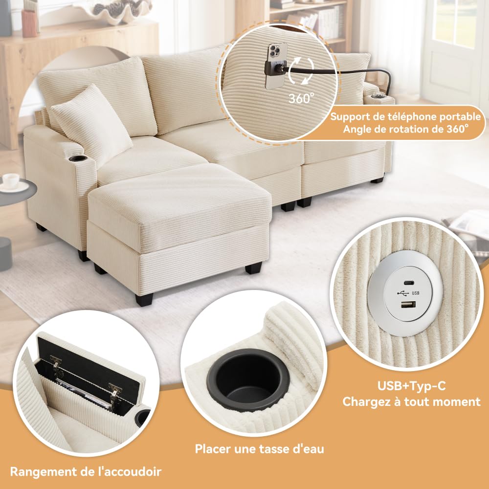 Canapé Convertible 3 Places en L avec USB C, Canapé d'angle Convertible avec Repose-pieds et Porte-Gobelet, Canapé 3 Places avec Rangement d'accoudoir et 2 Oreillers au Salon Appt Bureau, Beige