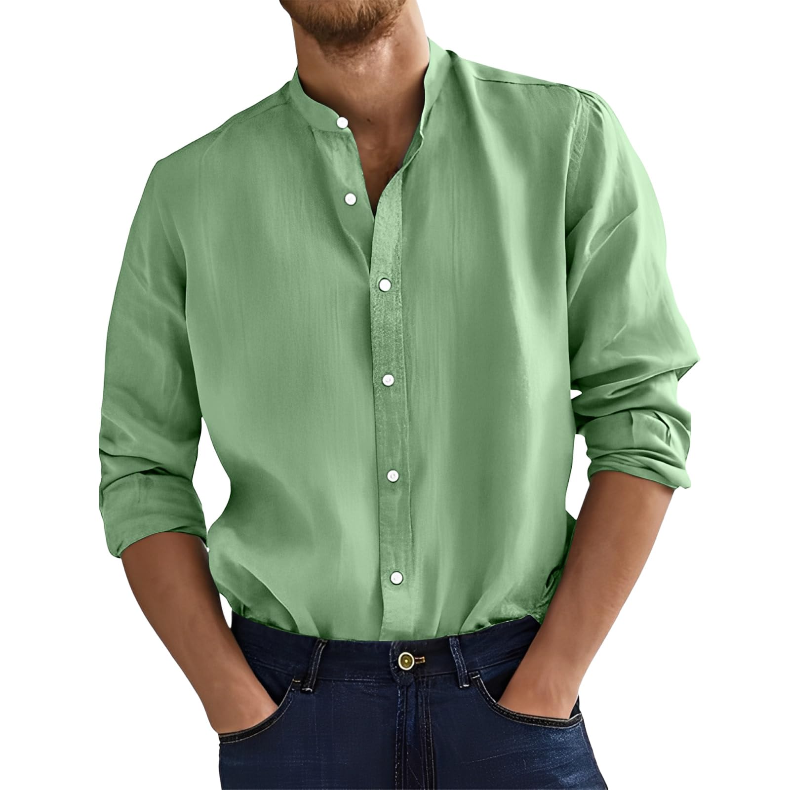 Linen Shirts for Men Long Sleeve Big and Tall Dress Shirt Casual Band Collar Button Down Shirts Plus