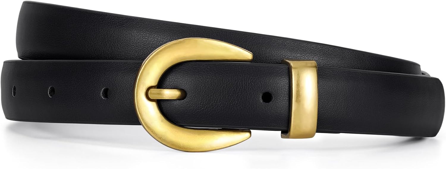 XZQTIVE Women Skinny Leather Belts for Jeans Dress Pants Fashion Ladies Thin Black Waist Belt with Gold Buckle