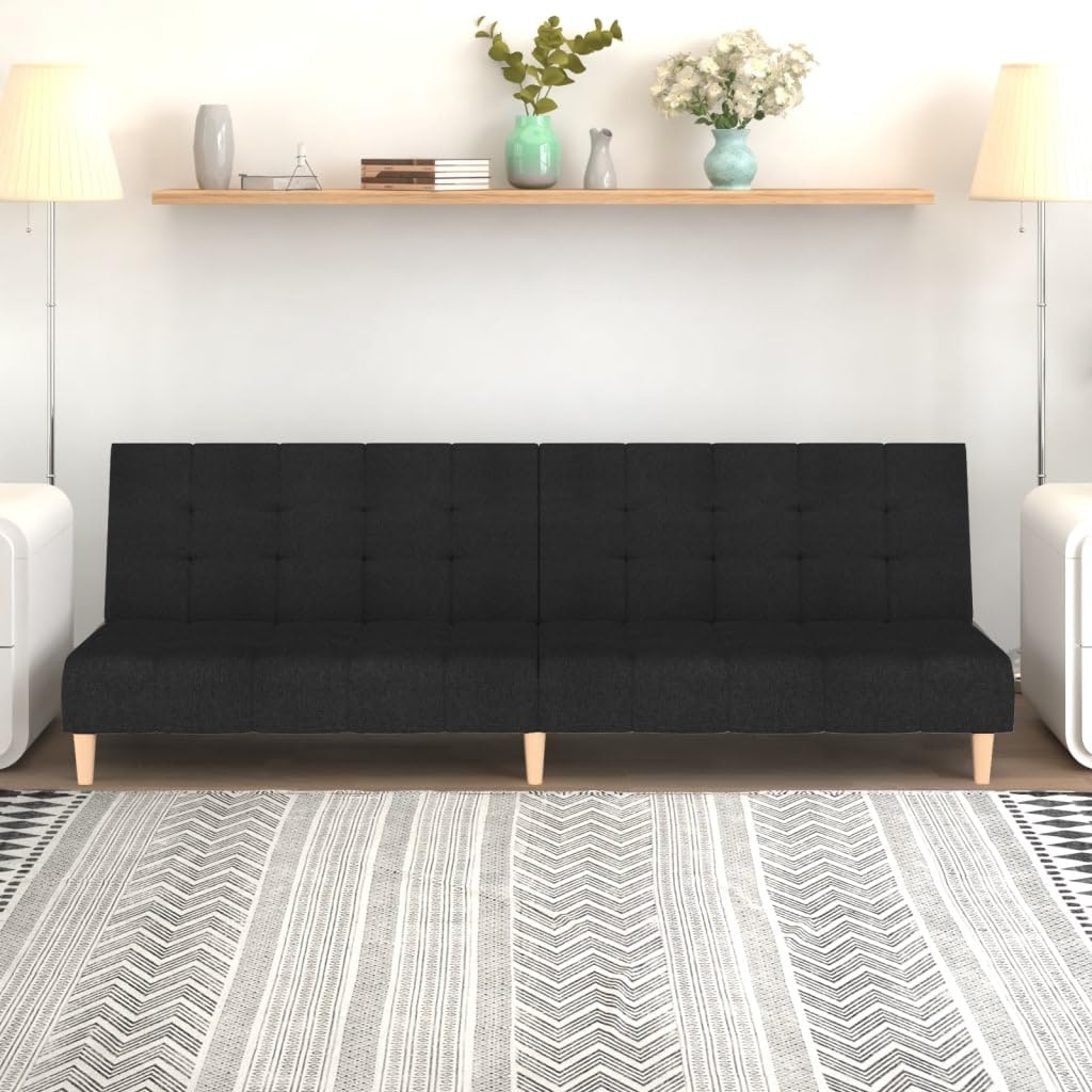 Sofa z funkcją spania 2-osobowa, czarna tkanina, sofa przekształcająca z drewnianą ramą, 200 x 84,5 x 69 cm, do salonu, pokoju gościnnego, nowoczesne wzornictwo