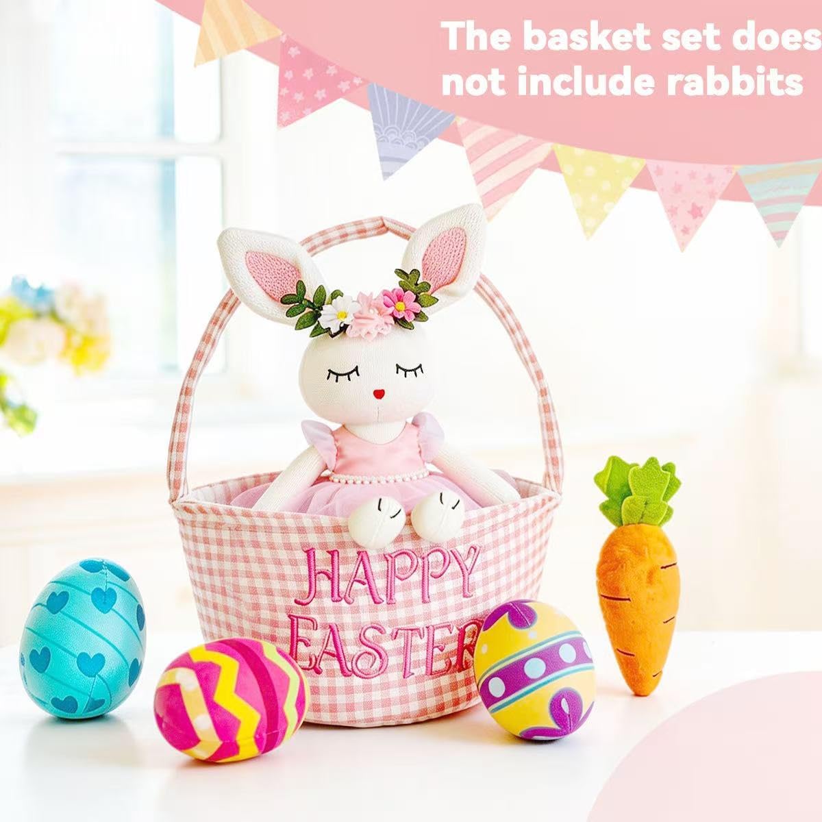 Easter Basket Gift Stuffed Baskets Toys,5 Pack Easter Egg Carrot Plush Toys,Baby Gift Baskets Egg Hunt Toy Easter Party for Baby Toddler Kids (Pink Basket)