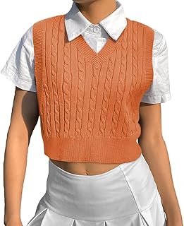 Yuebin Women's Sleeveless V-Neck Sweater Tank Top Casual Plaid Cable Knitted Crop Pullover Sweater Vests