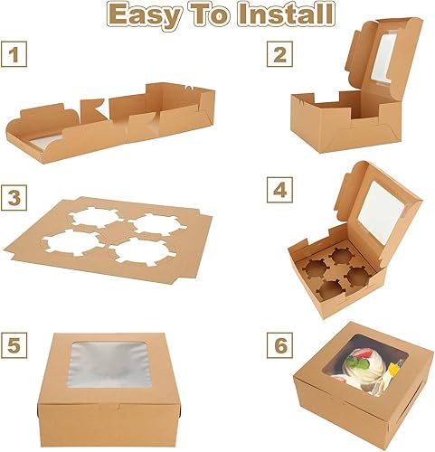 Miniatura 4 de 100 cajas para magdalenas, 4 recipientes para cupcakes, cajas de papel kraft marrón para cupcakes, cajas de golosinas con inserto, 4 cavidades para