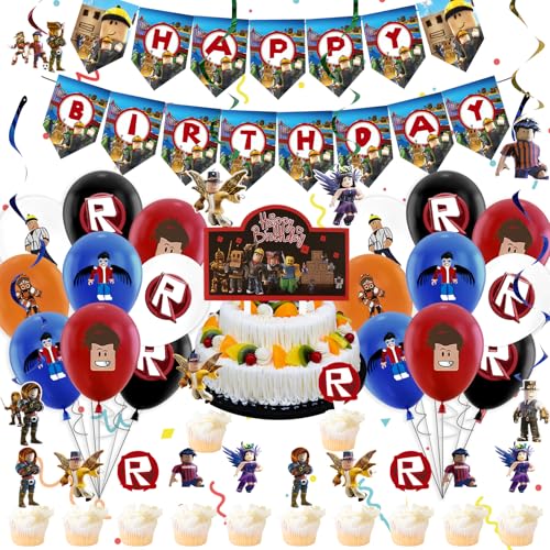 Party Decoration 50PCS Rob-lox Birthday Party Decoration Kids Cartoon Birthday Kit with Latex Balloon Banner Cake Topper Swirls Deco Boys Girls Rob-lox Party Supplies for Theme Decoration
