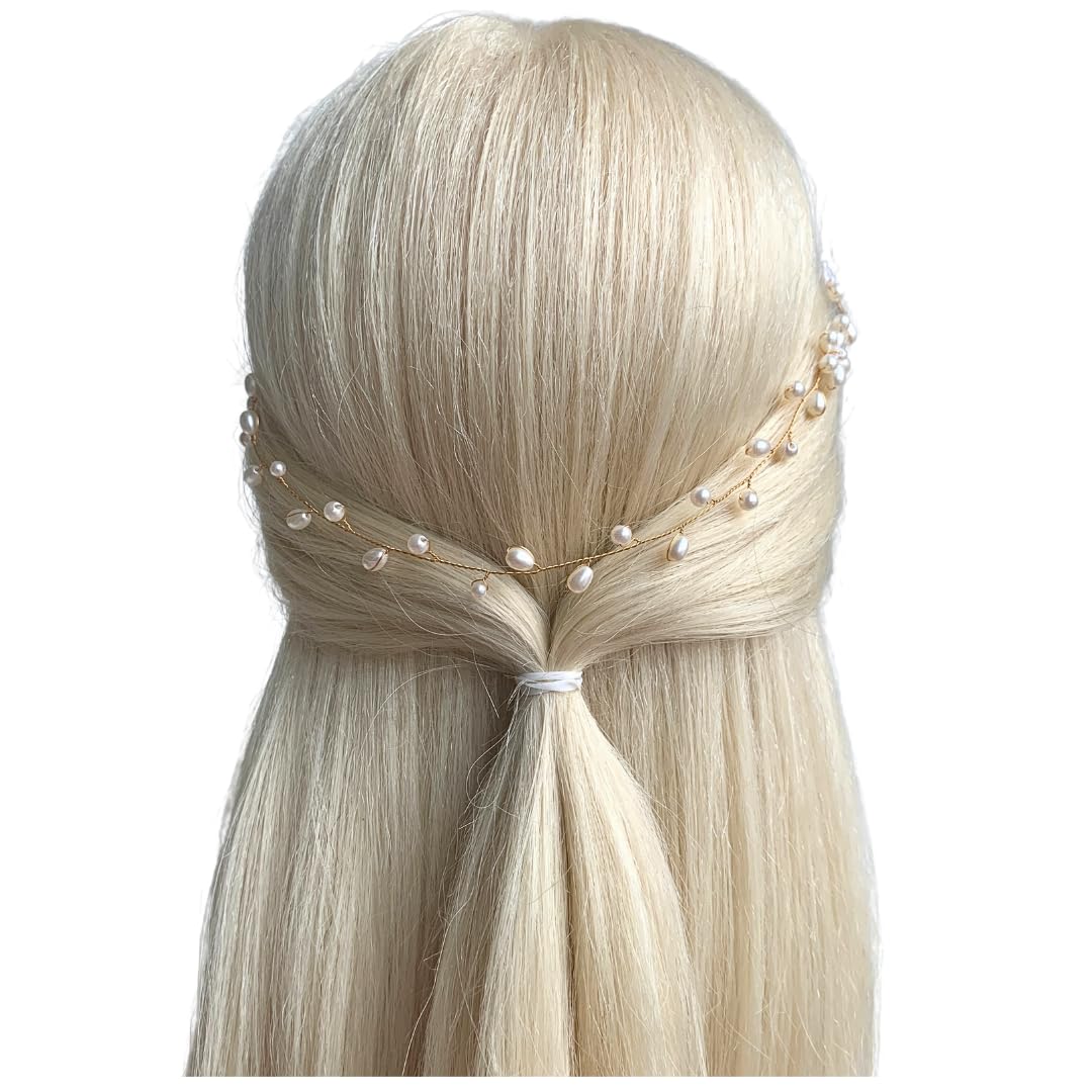 ONDEGO® Braut Haardraht Gold 35 cm – Flexibler Haarschmuck mit Elfenbein Perlen – Vintage Haarkranz für Hochzeit Brautfrisur Haarschmuck festliche Anlässe