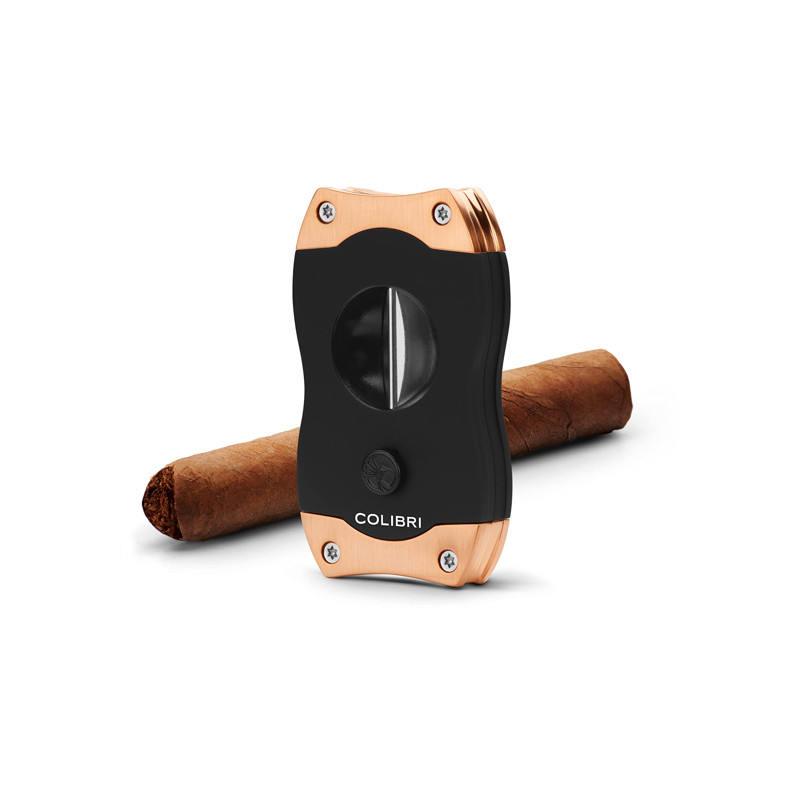Colibri-Cortapuros negro con detalles en oro rosado satinados en acero inoxidable-guillotina resorte-Cigarros de hasta diámetro 2,38cm-Corte en V profundo 7mm-Con estuche de regalo.Colibri desde 1928