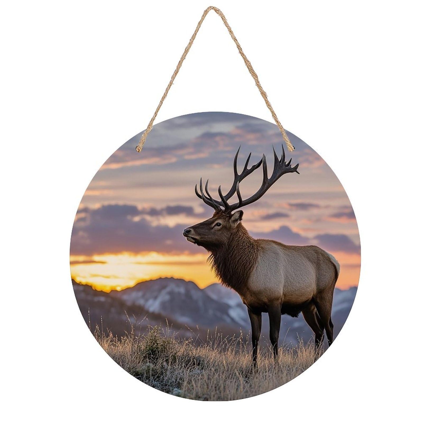VstaDank Red Deer Bull Elk Sunset Wall Decor Round Wood Hanging Sign 7.9x7.9 in Wooden Circle Door Hanger with Ropes, Rustic Wall Art Decor for Home Front Door Indoor Outdoor Decoration