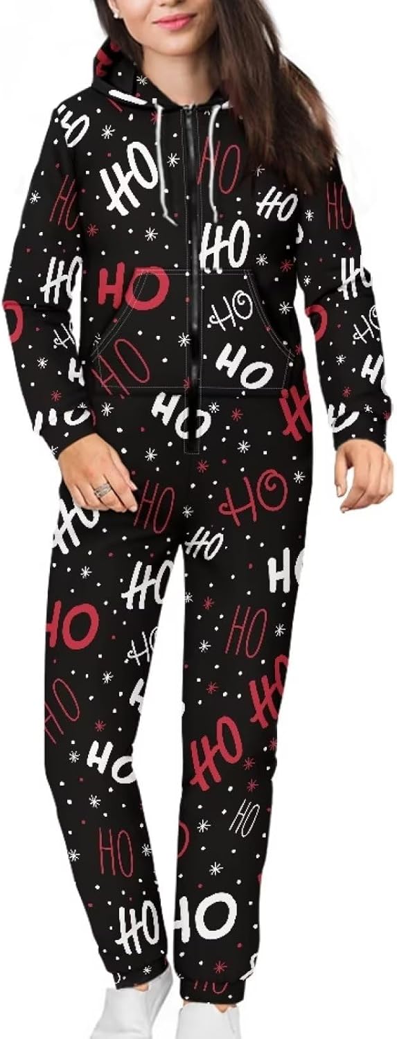 Yewattles Unisex Onesie Novelty Printed One-piece Pajamas Women Men Hooded Jumpsuits Adult Nightwear Romper Holiday Pjs