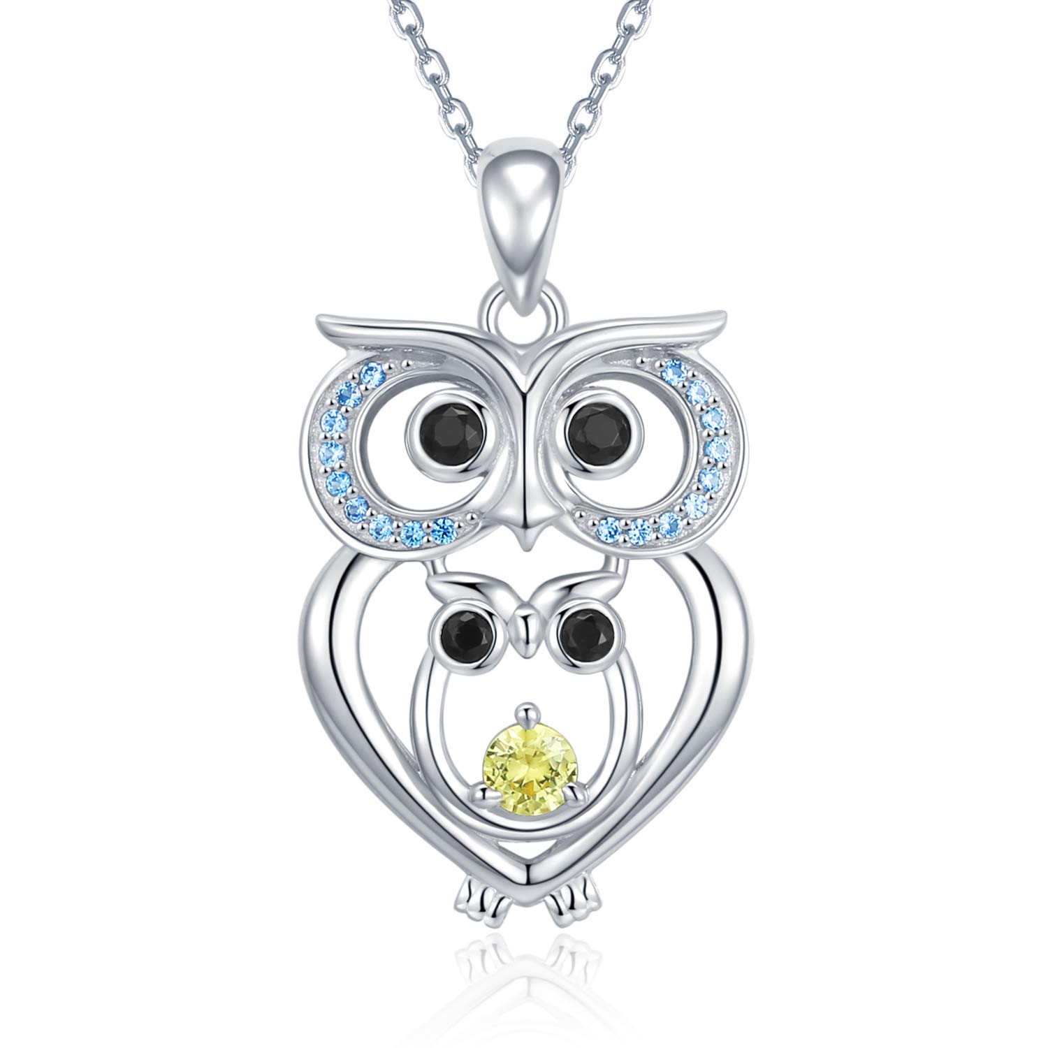 925 Sterling Silver Charm Mom and Child Owl Necklaces Luck Heart Pendant Animal Jewelry Gifts White Gold Plated Long Chain for Mothers Day