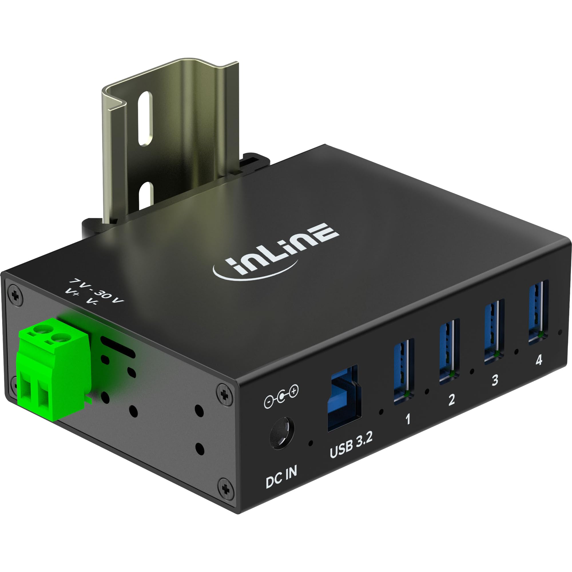 Inline Hub industriale USB 3.2 Gen.1 con 4 porte, alloggiamento in alluminio, montaggio su guida DIN, hub USB attivo con alimentatore, 5 Gb/s, 35396A
