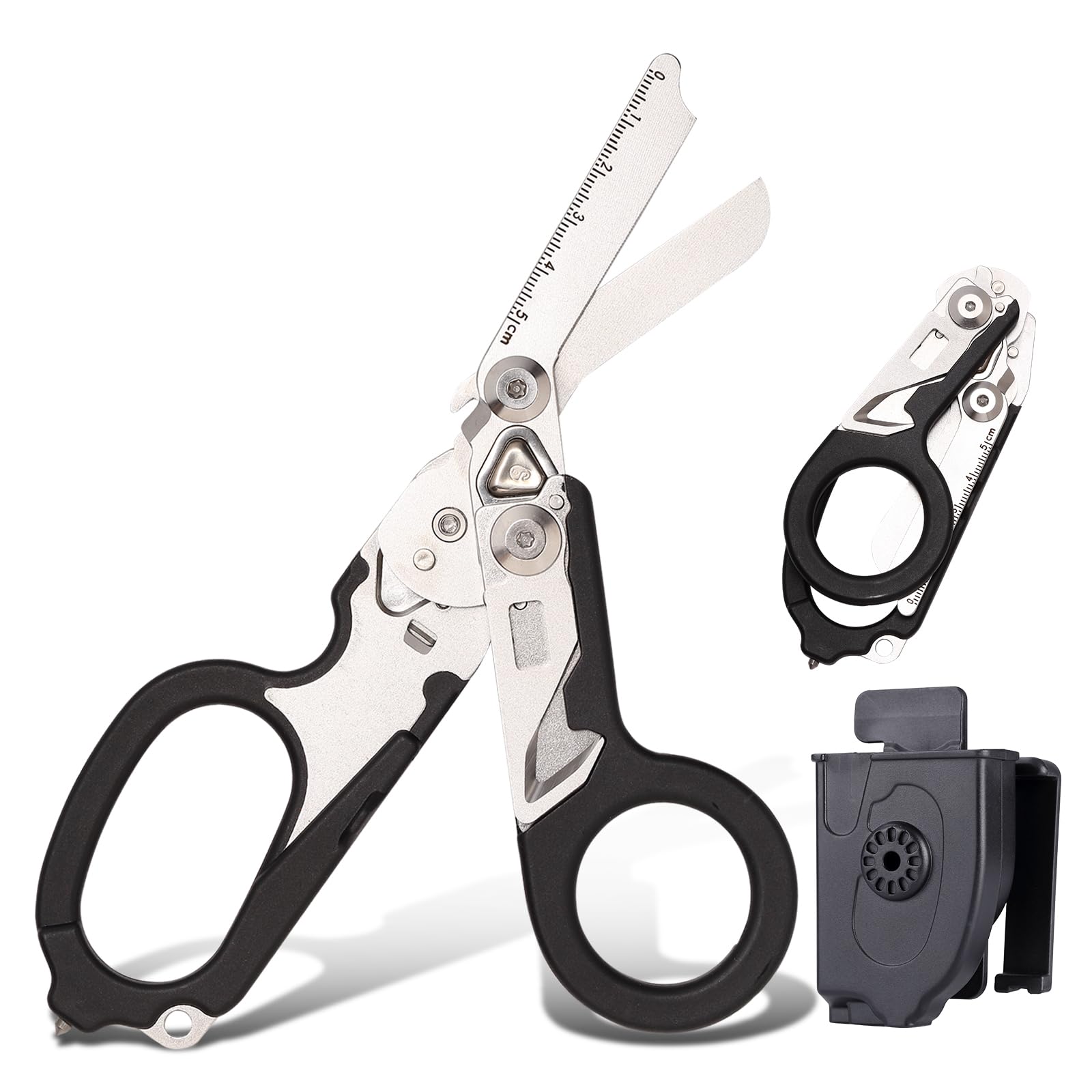 Trauma Shears Foldable,Outdoor Camping Tools Multi-function Shears,Trauma Shears 6 in1,Emergency Shears,with Strap Cutter and Glass Breaker and Compatible Holster (Black)