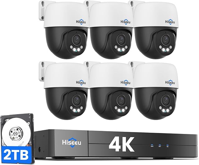 【4K HD+360°Vue Hiseeu 4K PoE Système de caméras de sécurité, 6 Pcs 8MP PTZ Caméra de sécurité filaire Outdoor &Indoor, Auto Human Tracking, Accès à distance gratuit, 2 Mode Audio, Plug et Play, 2TB HDD pour l ' enregistrement 7/24