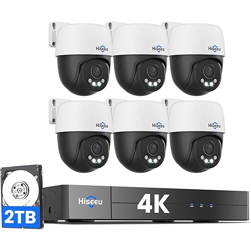 【4K HD+360°View】 Hiseeu 4K PoE Security Camera System, 6 Pcs 8MP PTZ Wired Security Camera Outdoor&Indoor, Auto Human Tracking, Free Remote Access, 2 Way Audio, Plug and Play, 2TB HDD for 7/24 Record