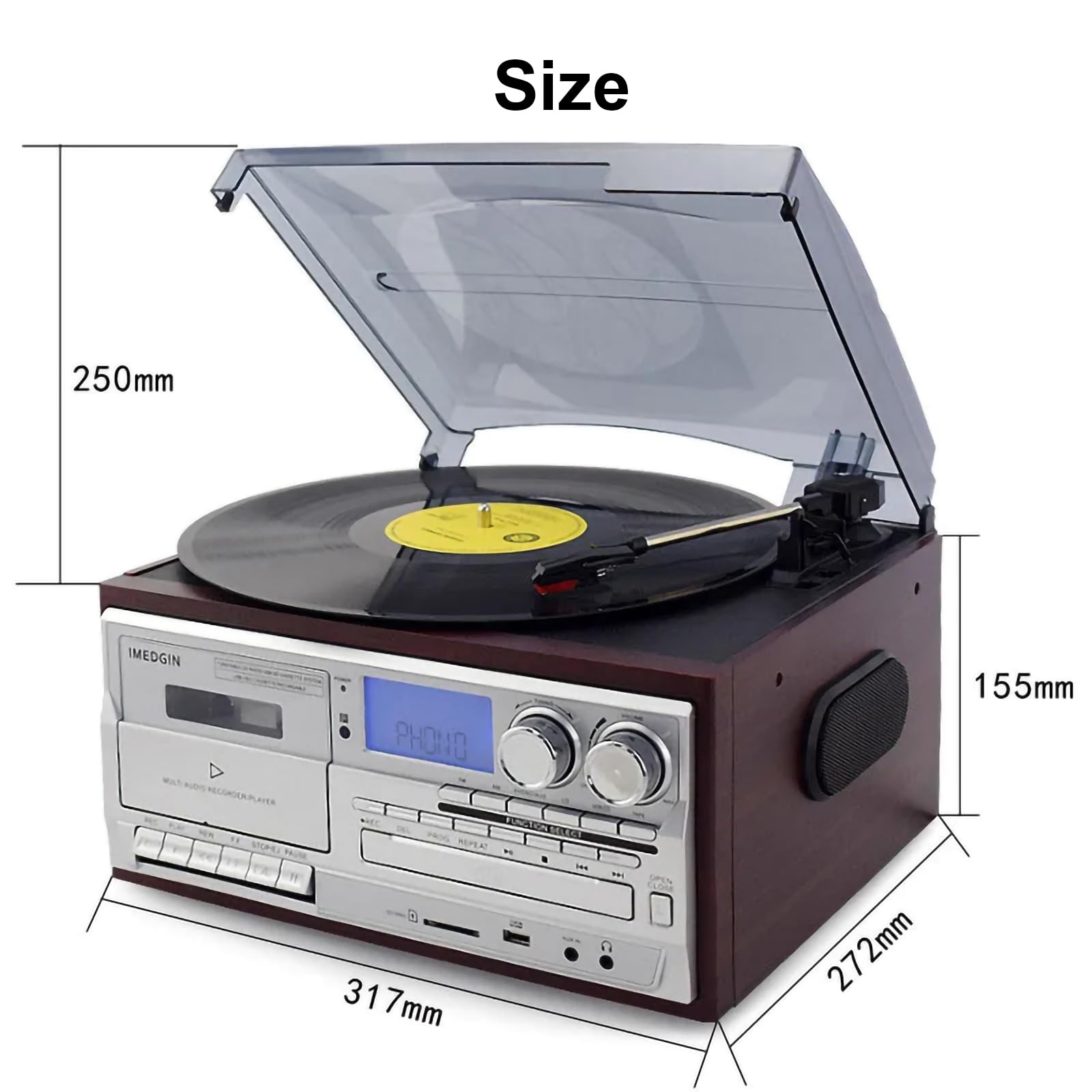 Giradischi in Vinile a 3 velocità Regolabili con Bluetooth, CD, Cassette, Radio FM/AM, Riproduzione USB/SD, Ingresso AUX, Uscita Cuffie e Audio, fonografo Vintage,Brown