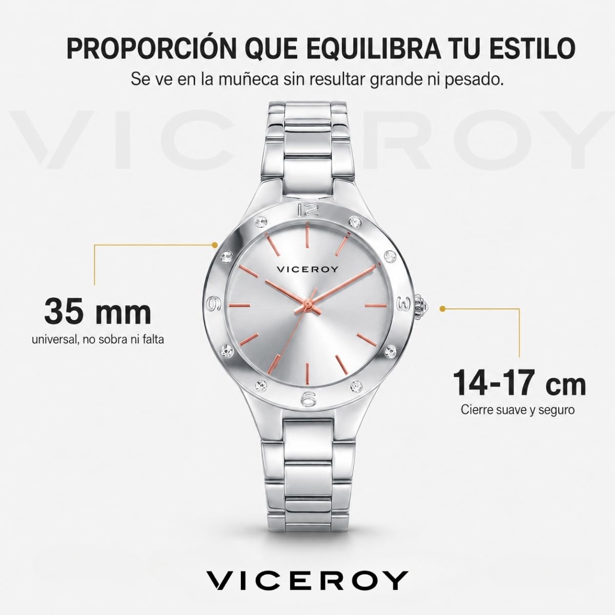 Viceroy Reloj Analógico Mujer de Acero Inoxidable - 35 mm - Movimiento de Cuarzo - Esfera Plateada con Circonitas - Resistente al Agua 3 ATM - Colección Chic – 401044-87