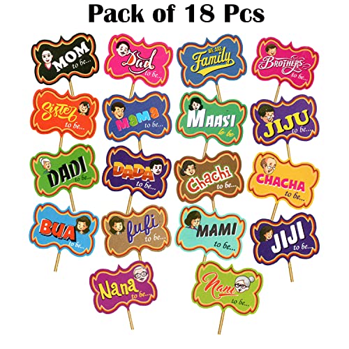 Image of Rozi Decoration Family Photobooth Props Set of 18 Sticks for The Baby Shower & Family Relationship, Pre-Wedding Photographic Props, Haldi Mehndi Wedding Decorations Pack of 1