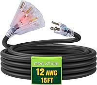 Vista 8 de Cable de extensión iluminado para exteriores de 6 pies con 3 tomas de corriente eléctrica - Cable de extensión negro resistente SJTW 12/3