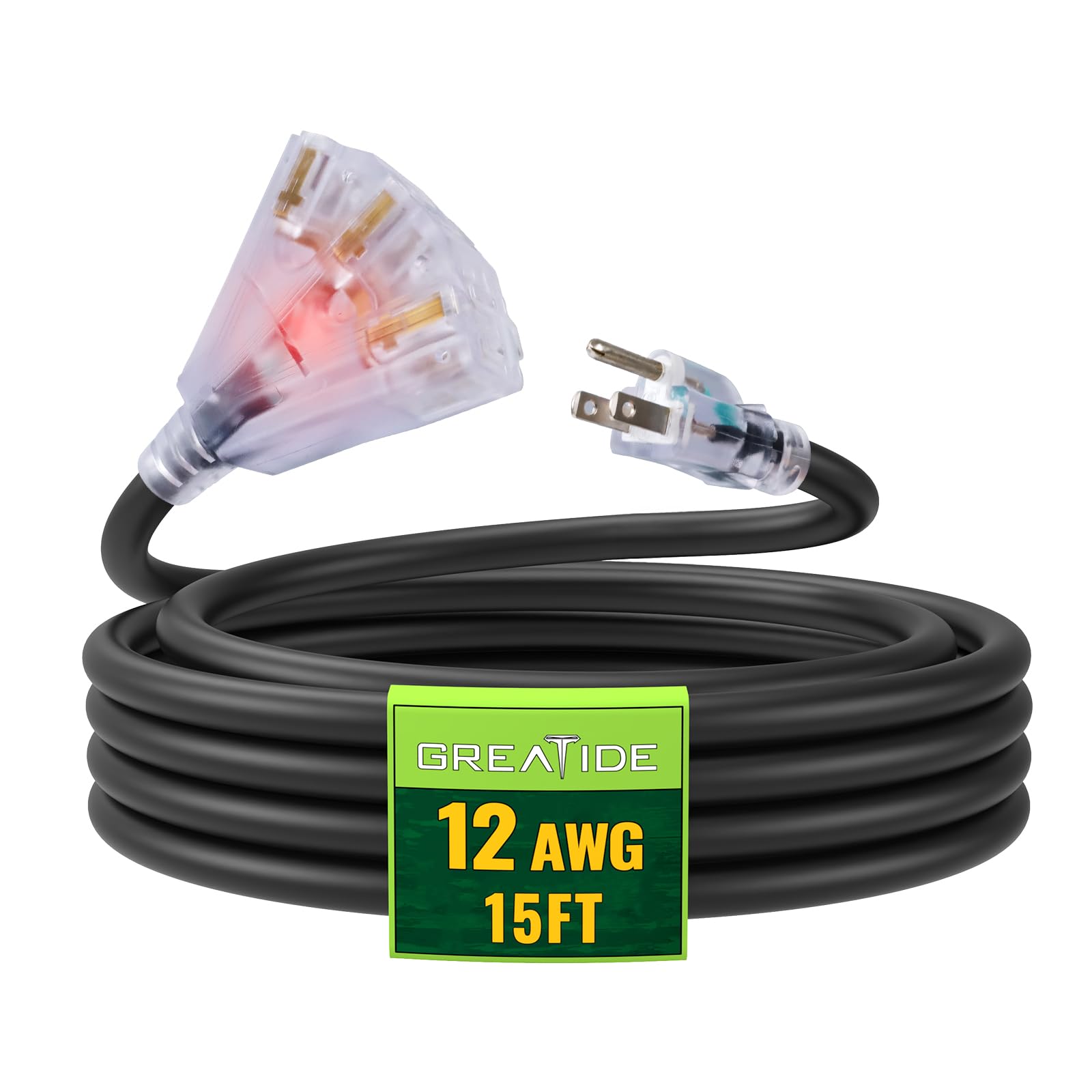 GREATIDE 15 Ft Lighted Outdoor Extension Cord with 3 Electrical Power Outlets - 12/3 SJTW Heavy Duty Black Extension Cable with 3 Prong Grounded Plug