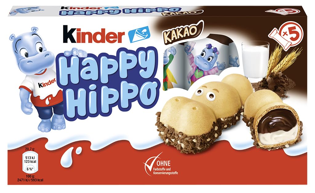 kinder Happy Hippo Kakao – Knusprige Waffelspezialität mit Milch- und Kakaocreme – Süßigkeiten für Karneval & Fasching – 1 Packung mit je 5 Einzelriegeln à 20,7g