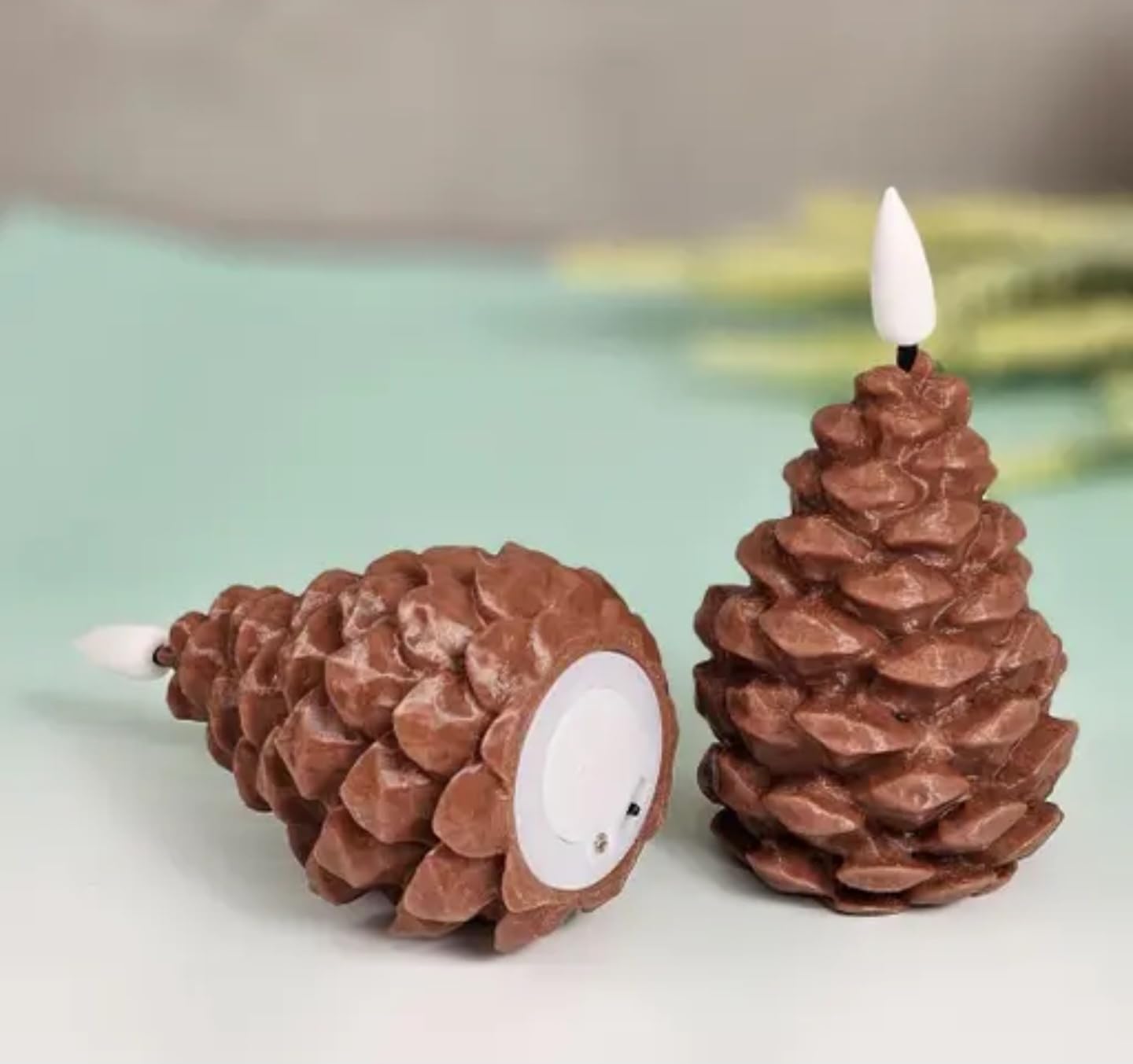 Decorative Pine Cone Candles, Bronze Metallic Finish, Natural Woodland Design, Set of 2, Winter Holiday Home Decor