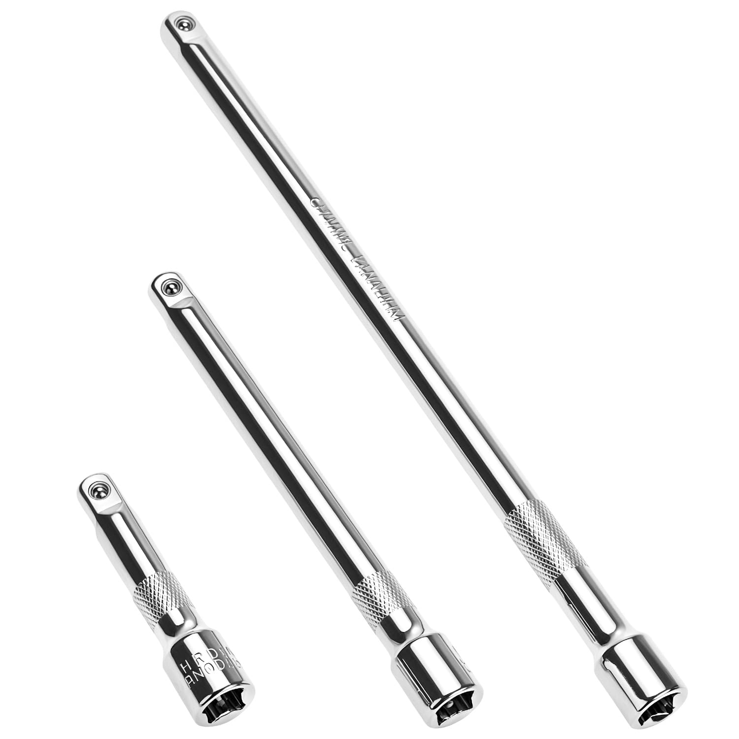QWORK® 3 Pieces 3/8 Inch Drive Extension Bar Set, 75mm/150mm/250mm CR-V Steel Socket Extensions Bar with Knurled Grip