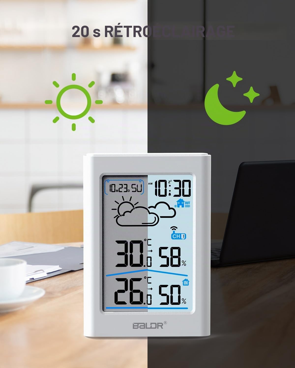 BALDR Station météo sans fil avec capteur extérieur, horloge radio numérique DCF, thermomètre hygromètre d'intérieur et extérieur, pour prévisions météorologiques, écran de 3,7'', crème