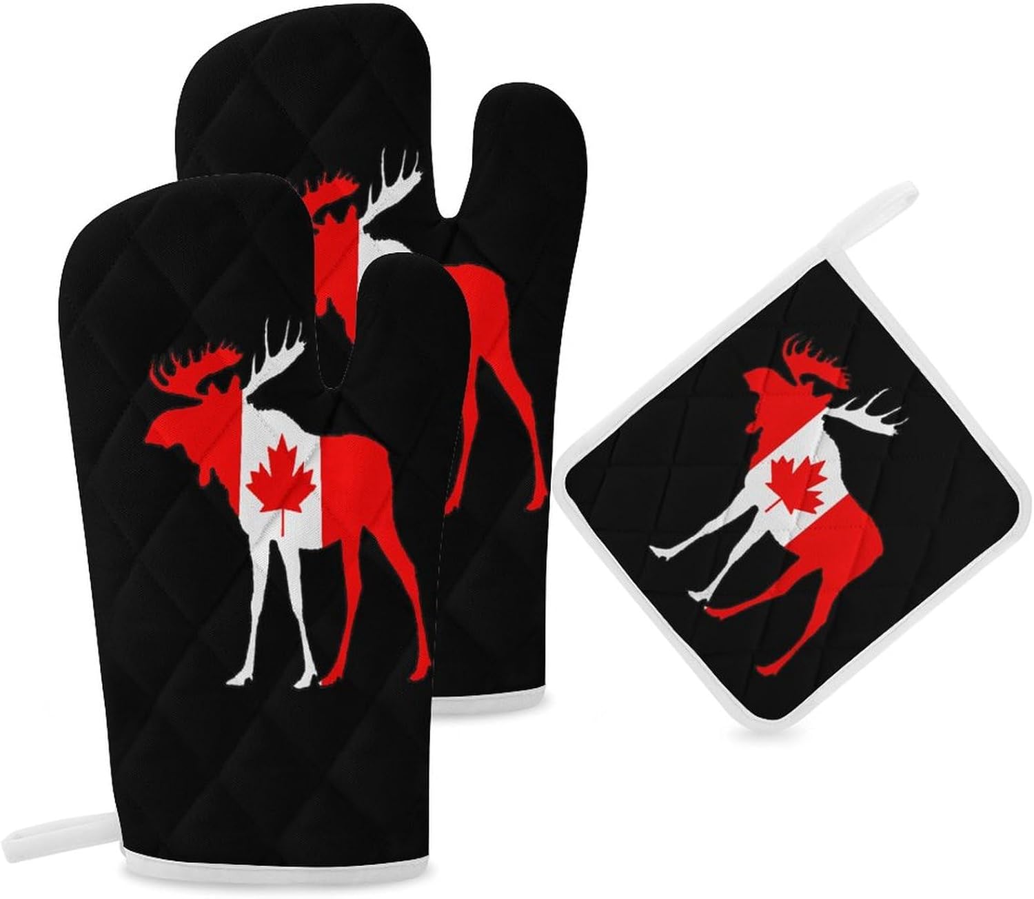 Canada Flag Mooses Print Oven Mitts and Pot Holders 3 Piece Sets Heat Resistant Gloves Hot Pads Potholders for Kitchen Baking Cooking