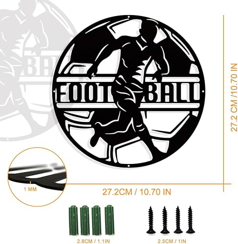 Miniatura 2 de NBEADS Decoración de pared de metal con temática de fútbol, decoración plana redonda negra mate para colgar en la pared, arte de pared para el