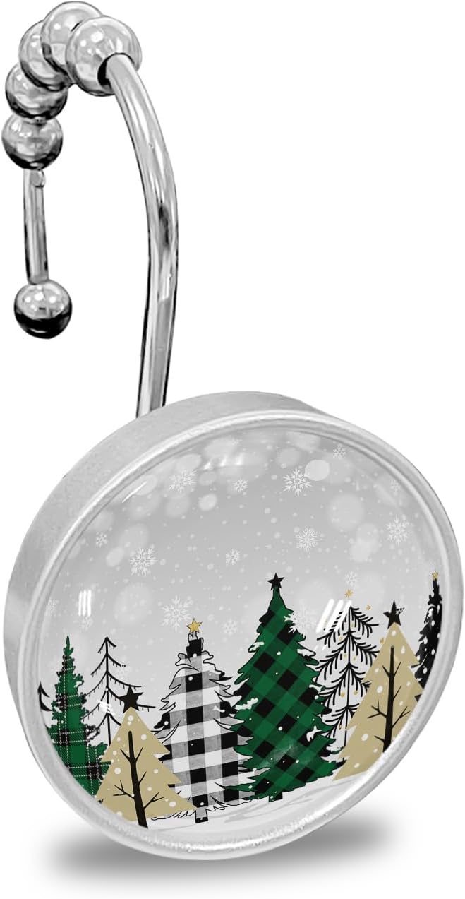 Christmas Shower Curtain Hooks Set of 12, Hat Santa Claus Crystal Glass Shower Curtain Rings for Bathroom Decorative Stainless Steel Rust Proof Roller Shower Curtain Hangers