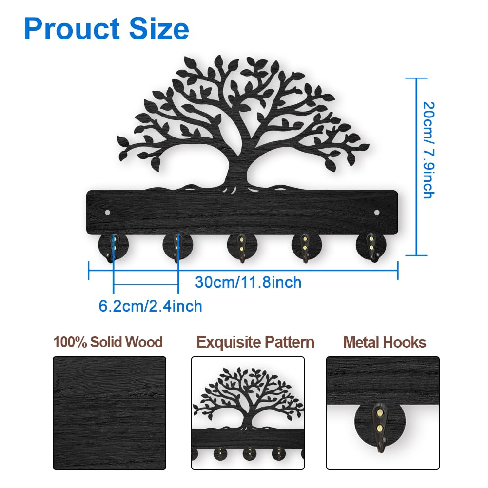 MAYJOYDIY Tree of Life Coat Rack Wall Mount 30×20cm Lush Tree Key Holder for Wall Decorative Wood Black Key Rack Hanger 5 Alloy Hooks for Wall Art Decor Entryway Front Door Gift - Image 2