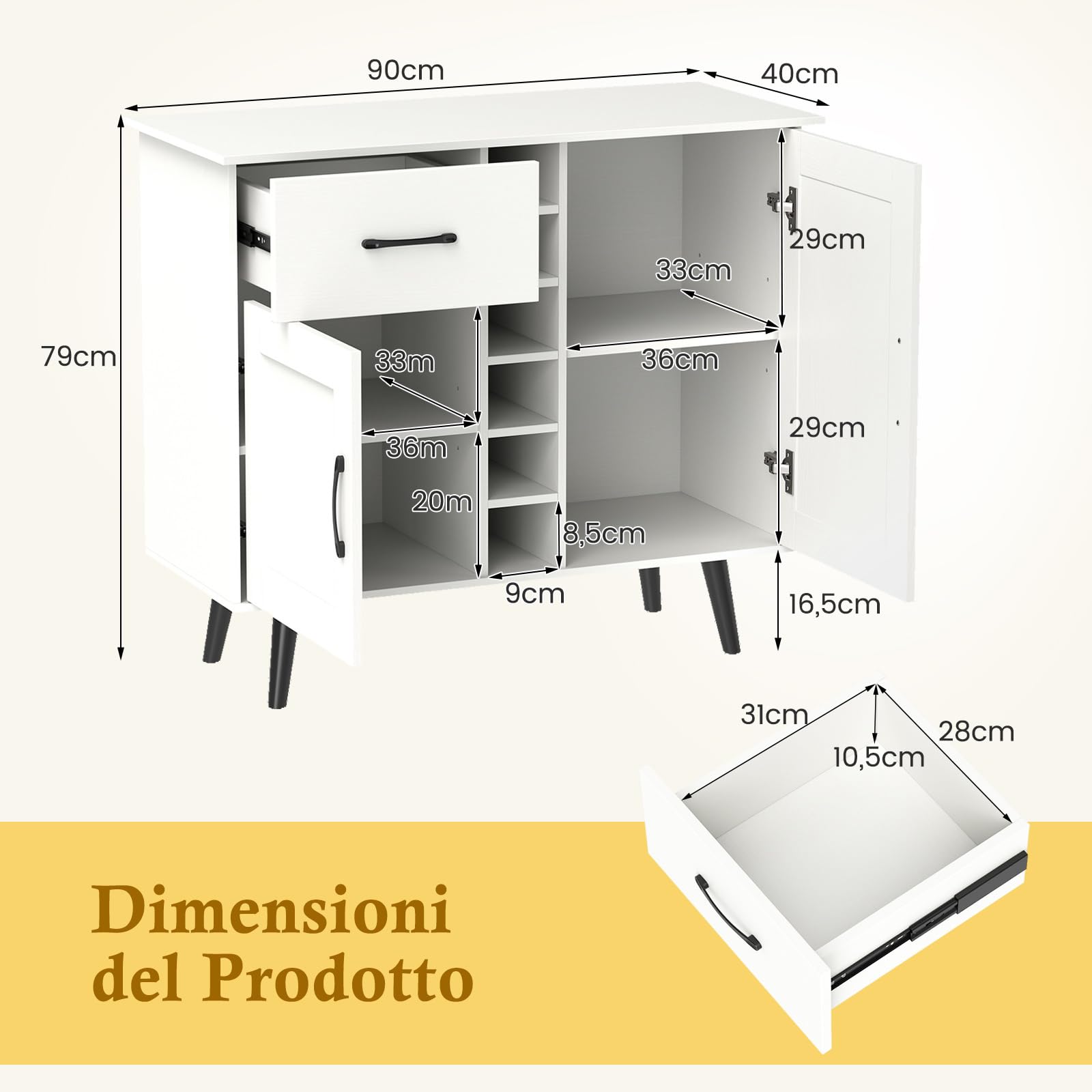 COSTWAY Credenza Buffett da Cucina con 6 Cubi Porta Bottiglie di Vino, Mobile da Cucina con Cassetto, 2 Ante e 2 Ripiani Regolabili, Armadio in Legno Salvaspazio per Soggiorno, 90 x 40 x 79 cm, Bianco