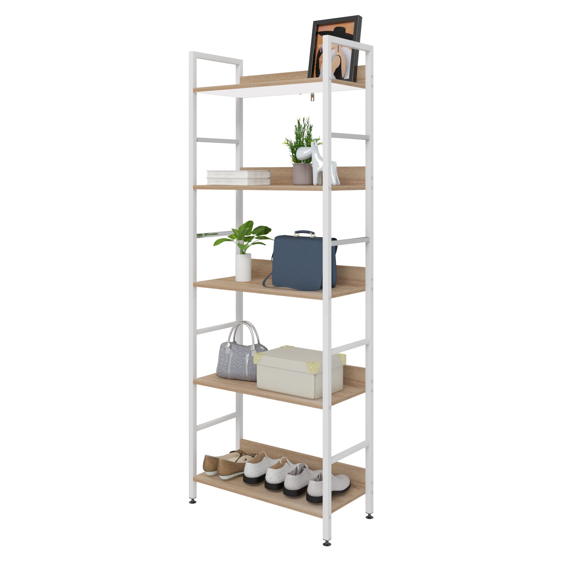 eSituro Estante para Piso de Metal de Cocina | Almacenamiento Organizador Multifuncional para Libros Plantas con 5 Estantes Metal + MDF 60x27,5x160CM SSTR0023