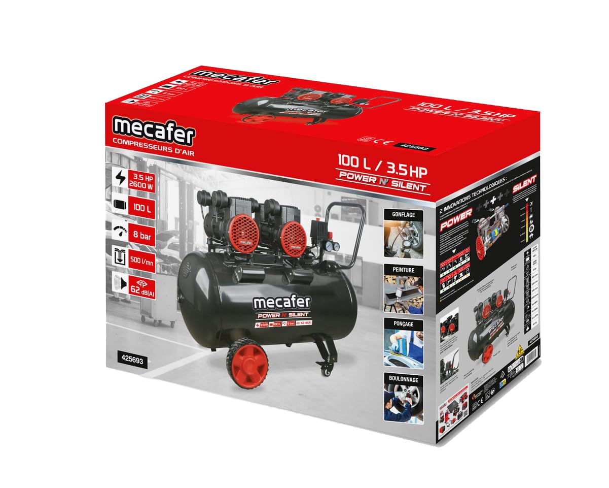 Mecafer Compresseur Power N' Silent 425693-100 L - 3,5 HP