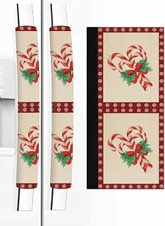 Christmas Refrigerator Door Handle Covers Set of 2, Xmas Candy Cane Winter Bow Pine Branch Kitchen Fridge Microwave Oven Dishwasher Stove Cabinet Handle Protectors, Washable Appliance Decor