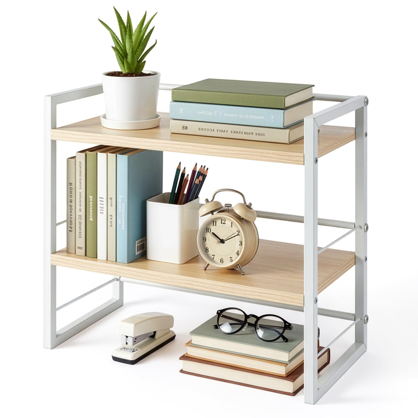 GreenWhim Wooden Desk Shelf Organiser Office Desktop Bookshelf Storage Shelf and Cabin Decoration Shelf for Top of Desk and Dresser Bookshelf Supplies Storage Rack (White)