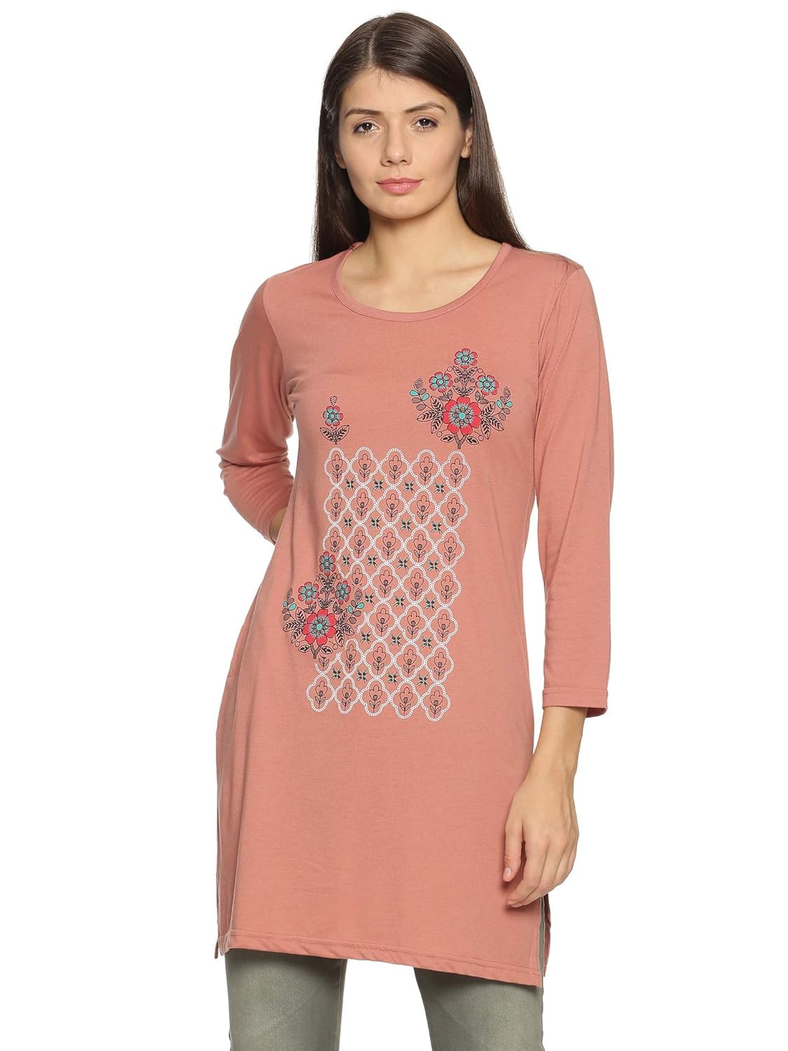 Women's Cotton All Over Printed Plus Size Long line Full Sleeve T-Shirt