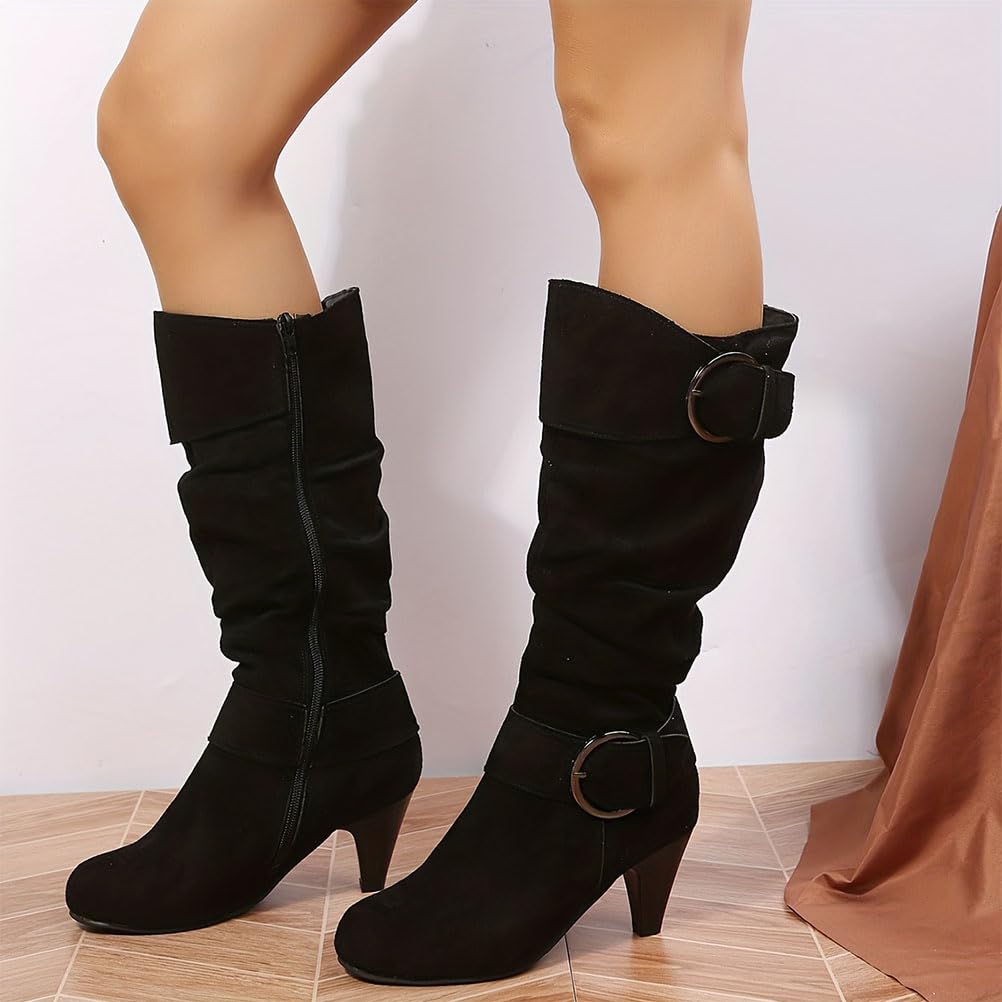Onsoyours Stivali Alti Donna Stivaletti in Pelle Scamosciata Boots con Zip Stivali Lungo Stivaletti Eleganti Autunnali Invernali Tinta Unita con Tacco a Blocco